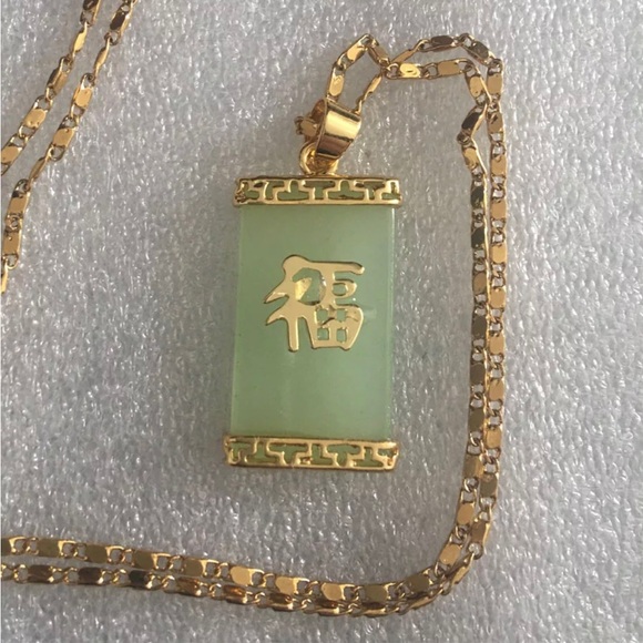 Natural Green Jade 18KGP Fortune Pendant Necklace Drop Earring set 福PENDANT - Picture 5 of 6